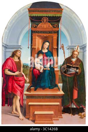Raffaello Sanzio da Urbino nannte Raphael, die Madonna und das Kind mit dem Heiligen Johannes dem Täufer und dem Heiligen Nikolaus von Bari (die Ansidei-Madonna), Gemälde in Öl auf Holz, 1505 Stockfoto