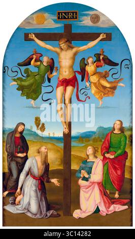 Raffaello Sanzio da Urbino nannte Raphael, den gekreuzigten Christus mit der Jungfrau Maria, den Heiligen und den Engeln (die Mond Kreuzigung), Gemälde in Öl auf Holz, 1502-1503 Stockfoto