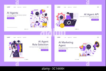 Vektorillustration mit verschiedenen Rollen von KI-Agenten, einschließlich Marketing und API-Entwicklung. Die Anpassungsfähigkeit und Technologie moderner Anwendungen der künstlichen Intelligenz hervorzuheben. Stock Vektor