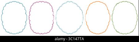 Set aus ovalen handgezeichneten Rahmen mit dekorativen Linien. Mit gewellten, gewellten und schnörkeligen Rändern. Isolierte Skizzenelemente für Einladungen, Karten, Stockfoto