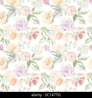 Nahtloses Blumenmuster in Aquarellfarben mit blassen Blättern und Blumen. Botanische Textur für Textilien, Stoffe oder Tapeten. Gedämpfter Pastellgarten-Hintergrund Stockfoto