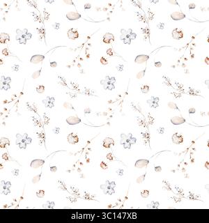Nahtloses Blumenmuster mit gedämpften Tönen und handgezeichneten Blättern. Weiches minimales Design für Stoff, Tapeten, Kinderzimmer und Verpackung. Ideal für Textilien Stockfoto