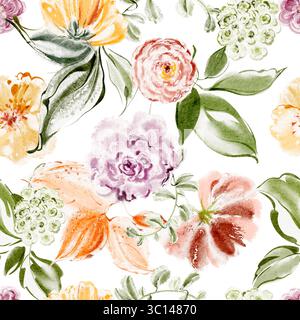 Nahtloses Aquarell farbenfrohes Blumenmuster mit hellen Blumen und Blättern. Ideal für Textilien, Verpackungen, Tapeten, Oberflächengestaltung, Stoff und Druck. Stockfoto