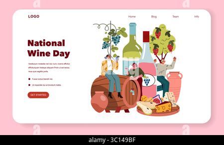 Feiern Sie den nationalen Weintag mit einer lebendigen Illustration, in der verschiedene Personen Wein, Trauben und Käse genießen. Dieses Design weckt einen Geist der Freude und des Zusammenlebens in der Weinkultur. Stock Vektor