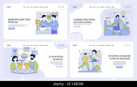 Vektorabbildung mit täglichen Aktivitäten, die durch AR-Technologie verbessert werden, einschließlich Morgenroutine, Pendelfahrt, Mittagessen und Bewegung. Ansprechende visuelle Themen der Augmented Reality im Alltag. Stock Vektor
