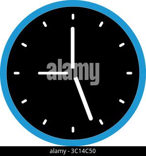 Ein einfaches, modernes Uhrensymbol mit schwarzem Gesicht, weißen Markierungen und blauem Rand, das um 09:00 Uhr die Zeiger zeigt. Ideal für zeitbezogene Konstruktionen Stock Vektor