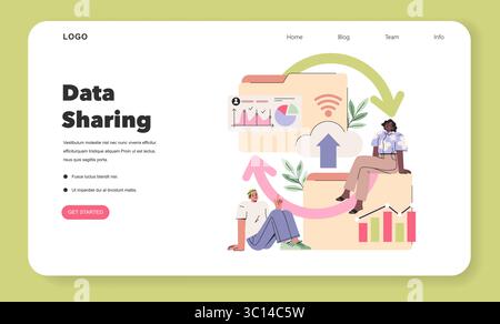 Vektorabbildung mit der gemeinsamen Nutzung von Daten mit zwei Personen, die um Diagramme und Cloud-Symbole interagieren. Pfeile stellen Datenfluss und Kommunikation in einem ansprechenden Webdesign dar. Stock Vektor