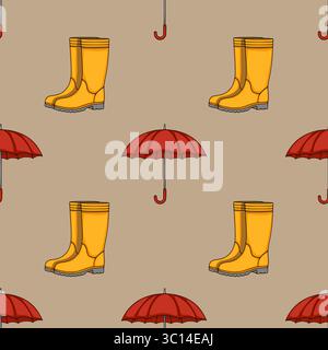 Nahtloses Vektormuster mit hellgelben Gummistiefeln und roten Regenschirmen auf einem gedämpften beigefarbenen Hintergrund, was ein fröhliches herbstliches Perfec schafft Stock Vektor