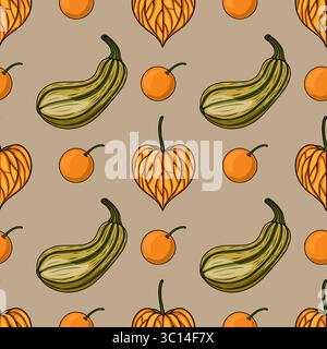 Nahtloses Vektormuster mit handgezeichneten Illustrationen von langen Kürbissen, herzförmigen Physalis und runden Orangen auf einem gedeckten taupefarbenen Hintergrund, Stock Vektor