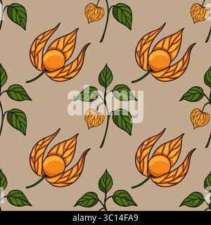 Nahtloses Vektormuster mit stilisierten orangen Physalis und grünen Blättern auf beigefarbenem Hintergrund, wodurch ein einzigartiges herbstliches botanisches Design entsteht. Stock Vektor
