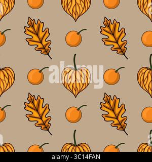 Nahtloses Vektor-Herbstmuster mit stilisierten Kürbissen, orangen Früchten und Eichenblättern auf beigefarbenem Hintergrund, perfekt für Herbstmotive. Stock Vektor