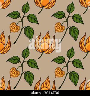 Nahtloses Vektormuster von stilisierten Physalis-Pflanzen mit orangefarbenen Früchten und grünen Blättern auf beigem Hintergrund, ideal für herbstliche Designs und Tex Stock Vektor