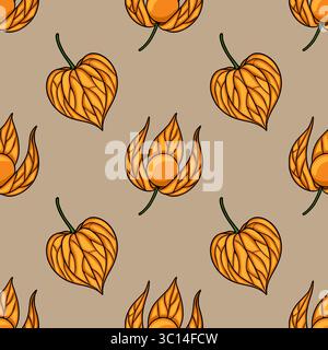 Nahtloses Vektormuster mit stilisierten herbstlichen Physalis-Früchten in Orange- und Beigetönen, mit komplizierten Blattdetails und einer sich wiederholenden Designidee Stock Vektor