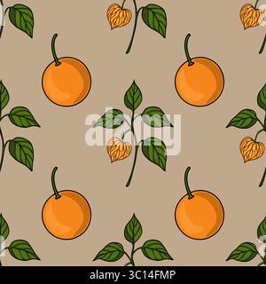 Nahtloses Vektormuster mit stilisierten Orangen und Physaliszweigen auf einem gedämpften beigen Hintergrund, das ein minimalistisches herbstliches Design schafft, ideal für Stock Vektor