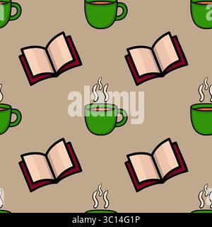 Nahtloses Vektormuster mit einer skurrilen Illustration von grünen Kaffeetassen und offenen Büchern, perfekt für gemütliche Herbstmotive. Stock Vektor