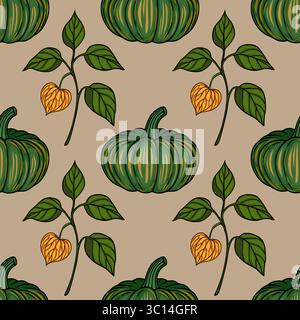 Nahtloses Vektormuster mit stilisierten grünen Kürbissen und orangefarbenen Physalis, das ein einzigartiges herbstliches Design schafft, das perfekt für Projekte mit Herbstmotiven geeignet ist. Stock Vektor