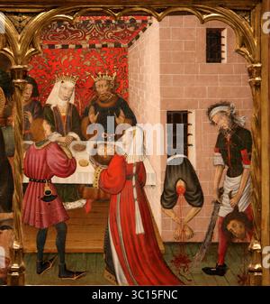 Salome und Johns Kopf. Altaraufsatz der Heiligen Johannes von Bernat Martorell, um 1435-1445. Aus der Kirche von Vinaixa. Katalonien. MNAC. Spanien. Stockfoto