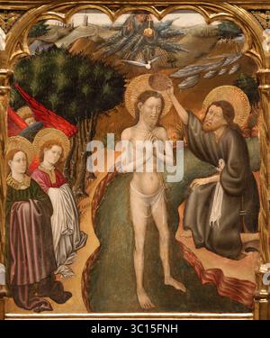 Jesus wird von Johannes getauft. Altaraufsatz der Heiligen Johannes von Bernat Martorell, um 1435-1445. Aus der Kirche von Vinaixa. Katalonien. MNAC. Spanien. Stockfoto
