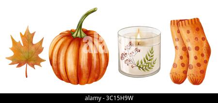 Herbstillustration Set aus Ahornblatt, Kürbis, Kerze, Socken. Handgemalt in gemütlichem Aquarellstil, perfekt für Herbstdekor, saisonale Karten Stockfoto