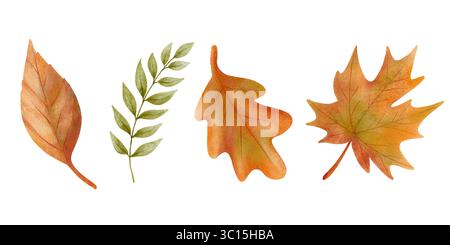 Ein Satz Clipart mit Herbstblättern. Handgezeichnet in einem weichen Aquarellstil, sind sie perfekt für die saisonale Dekoration, Drucke und Kunsthandwerk. Stockfoto