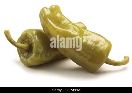Eingelegte goldene griechische Paprika, Peperoncini oder Friggitelli (Toskana, Stavros, Capsicum Annuum). Schneidepfade, Schatten getrennt Stockfoto