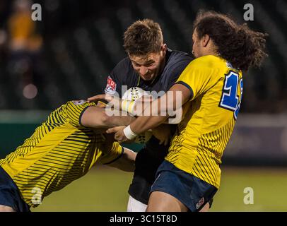 Die Houston SaberCats Requisite Jamie Denver (1) wird während des Spiels zwischen den Glendale Raptors und den Houston SaberCats im Constellation Field, Sugar Land, Texas von dem Flanker Hanco Germishuys (7) und dem Center Mika Kruse (13) blockiert. Vollzeit Glendale Raptors schlug Houston SaberCats 36-21. ©Maria Lysaker - Cal Sports Media(Kreditbild: &Copy; Maria Lysaker/CSM via ZUMA Wire) Stockfoto