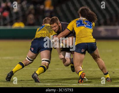 Die Houston SaberCats Requisite Jamie Denver (1) wird während des Spiels zwischen den Glendale Raptors und den Houston SaberCats im Constellation Field, Sugar Land, Texas von dem Flanker Hanco Germishuys (7) und dem Center Mika Kruse (13) blockiert. Vollzeit Glendale Raptors schlug Houston SaberCats 36-21. ©Maria Lysaker - Cal Sports Media(Kreditbild: &Copy; Maria Lysaker/CSM via ZUMA Wire) Stockfoto