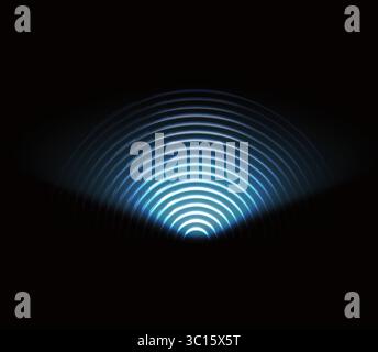 Blaues Neonsymbol für drahtlose Überwachung und Schutz. Blauer Elektrischer Frequenzring. Stock Vektor