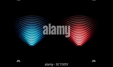 Neonrotes und blaues Kreissymbol für drahtlose Überwachung und Schutz. Blauer Elektrischer Frequenzring. Stock Vektor