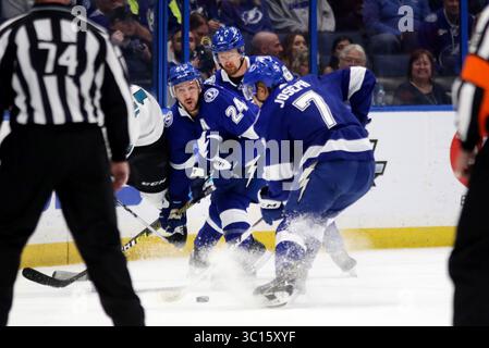 19. Januar 2019 - Tampa, Florida, USA - DOUGLAS R. CLIFFORD | Times.Tampa Bay Lightning Right Wing Ryan Callahan (24), Tampa Bay Lightning Defenseman Anton Stralman (6) und Tampa Bay Lightning Right Wing Mathieu Joseph (7) (Foto: © Douglas R. Clifford/Tampa Bay Times via ZUMA Wire) Stockfoto