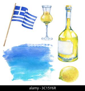 Ein Mini-Set in Blau und Gelb für Griechenland. Aquarellabbildung. Die griechische Flagge, das Nationalgetränk aus Zitronen, eine Aquarellverschwommen... Stockfoto