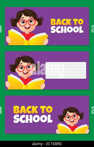 Back to School Banner Set mit niedlichem Kind hält Buch Vektor Illustration. Stock Vektor