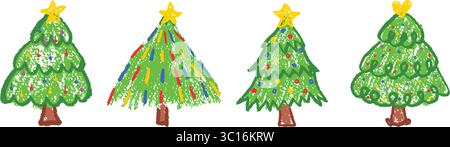 Dekorierte Weihnachtskritzelbäume, gezeichnet wie Kinder. Einfache Vektorkritzelemente für Schule oder Kindergarten. Pastellwachs grange Stock Vektor