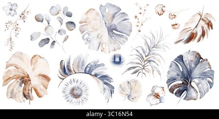 Aquarellillustration von tropischen Blumen und Pflanzen, einschließlich Palmen, Eukalyptus und Monsterablättern. Diese Clip-Art ist in Blau- und Beigetönen gehalten Stockfoto