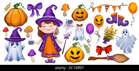 Magic Kollektion. Set mit magischen Halloween-Illustrationen. Besen und Hexenhut, Hexe, Spinne, Kürbisse, Ballons. Elemente für Halloween-Design Stockfoto