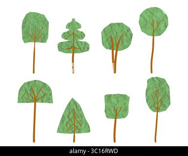 Set aus Retro-Bäumen mit zerknittertem, zerrissenem Papier und Pappe. Freihändig geschnittene Formen für Schulschilder, Kindergärten oder ökologische Aufkleber Stock Vektor