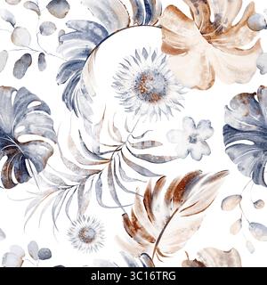 Nahtloses Aquarellmuster mit tropischen Blumen, Palmblättern und Pflanzen in Blau- und Beigetönen. Perfekt für verschiedene kreative Projekte wie Stockfoto