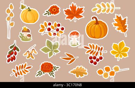 Herbstaufkleber-Set. Sammlung von Herbstbaumblättern, Blumen, Beeren und Pilzen. Niedliche Elemente für den Herbst. Stock Vektor