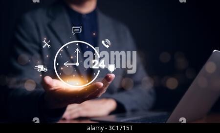 Geschäftsmann mit Uhr und Symbol kontaktieren Sie den 24-Stunden-Support unter, um ununterbrochen und Vollzeit verfügbar zu sein. Unterstützung des Kundendienstes, Lieferung, Anruf Stockfoto