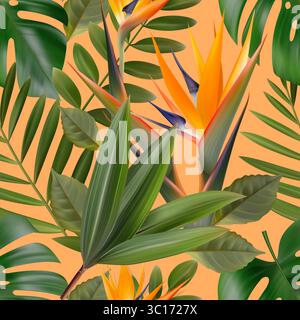 Tropische Blätter und Blumen nahtloses Muster. Botanischer Hintergrund. Dschungelmotiv. Stock Vektor