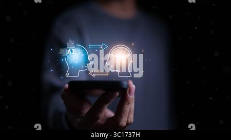 KI-Prompt-Generator-Konzept. Chatten Sie mit KI, künstlicher Intelligenz. Durch Eingabe der Eingabeaufforderung für generiert, Mann, der das Smartphone für die Arbeit verwendet. Chatten Stockfoto