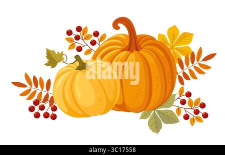 Farbenfrohe Herbstkürbisse, Beeren und Waldblätter Clipart. Saisonales Erntedesign für Begrüßung oder Poster. Vektordarstellung isoliert auf weißem bac Stock Vektor