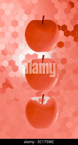 Drei helle Korallenäpfel, die vertikal in der Mitte über einem strukturierten roten sechseckigen digitalen Hintergrund mit weißer Beleuchtung ausgerichtet sind. Stockfoto