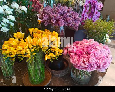 Farbenfrohe Blumendekoration mit gelben Freesias, rosafarbenen Pfingstrosen und lila Fliedern in stilvollen Vasen, die die Inneneinrichtung und das Ambiente bereichern Stockfoto