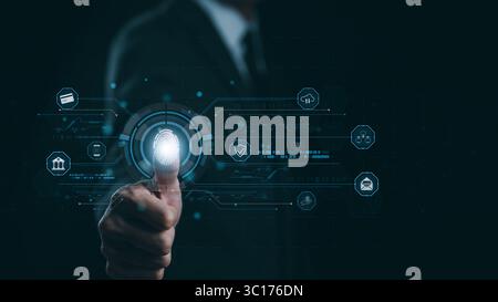 Cybersicherheitskonzept. Geschäftsmann mit Daumen zum Scannen von Fingerabdrücken oder zur digitalen Verarbeitung biometrischer Identifikation für den Zugriff auf das Sicherheitssystem Stockfoto
