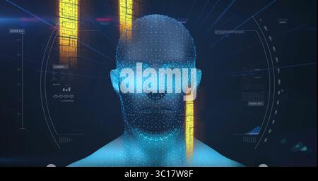 Anzeige holografischer Daten zum Scannen menschlicher Brüste in einer digitalen Konsole mit gelben Panels und HUD-Bögen Stockfoto