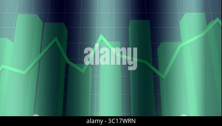 Anzeigen von durchsichtigen zylindrischen Balken über dunklen grünen Rasterlinien mit leuchtend grünem Liniendiagramm Stockfoto