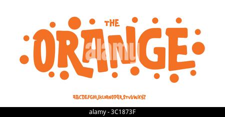 Auffällige, verspielte Zeichentrickschrift mit saftigen orangefarbenen Formen und funky quadratischem abgerundetem Stil. Perfekt für Kinder Branding, Obstverpackungen, fröhliche Titel und Stock Vektor
