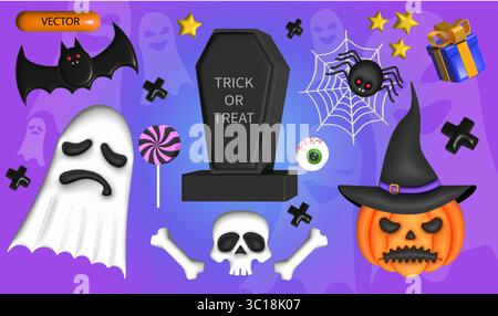 Halloween-Design mit Geistern, Jack-o-Laterne und Trick-or-Treat-Elementen Stock Vektor