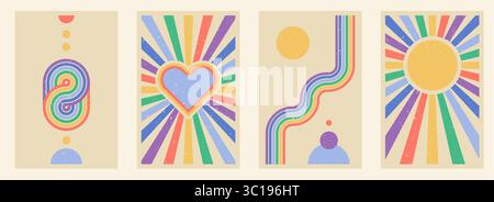 Poster-Set mit Zen-Bogen, einfacher Linienbogen und Formen im Retro-Stil. Geometrisches japanisches Zen-Muster im Regenbogen, minimale Elemente. Boho-Style-Streifen Stock Vektor
